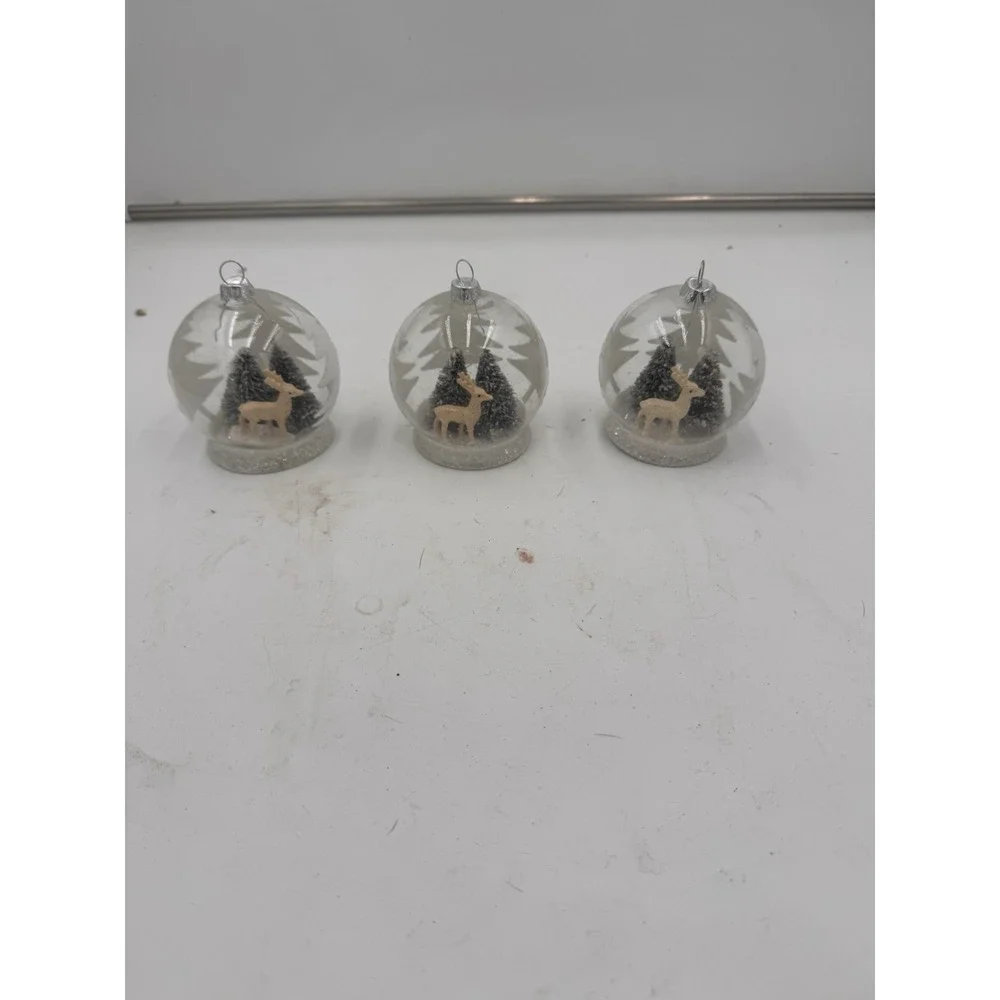 Lot Of 3 Pier One Christmas Ornament Snow globe Deer And Trees‎  Glitter 3-D